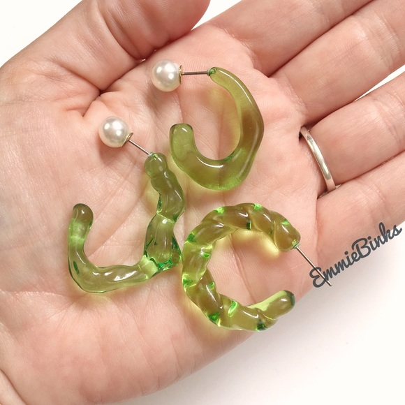 ✨3for$38 Set of 3 Transparent Green Hoop Earrings / Reversible Earring Jackets - Picture 7 of 14